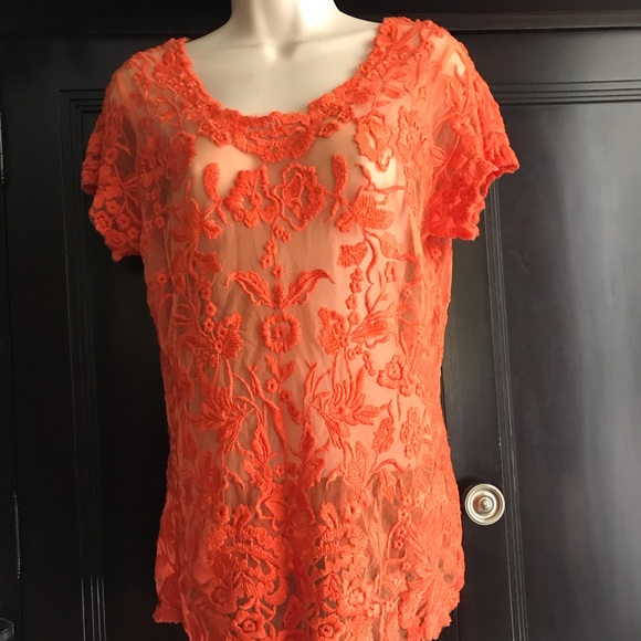 New Candella Orange Top sheer lace Tangerine, Sexy, club, party, cute, bright - Picture 1 of 12